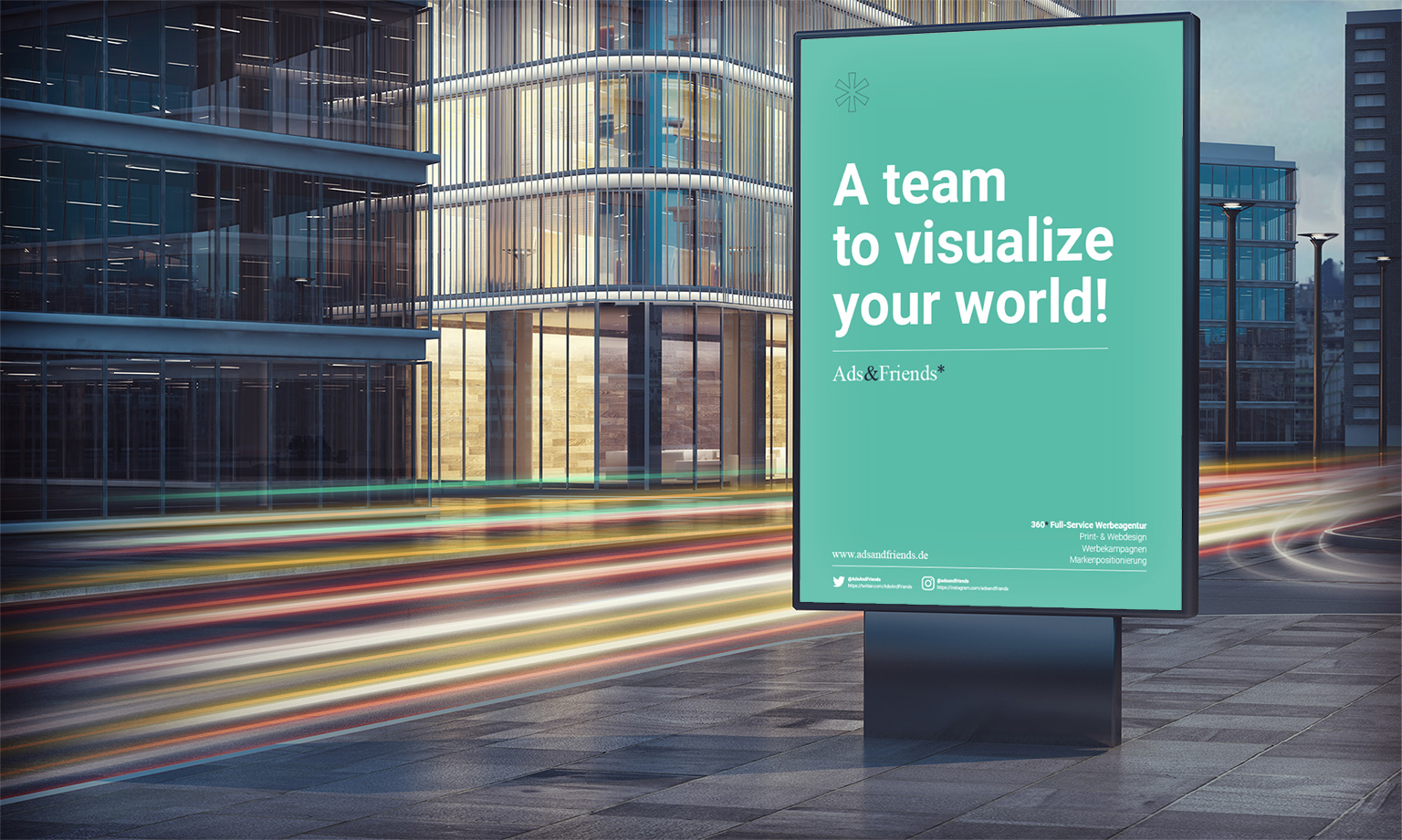 Schmuckbild: Kommunilkations- und Werbeagentur in Gießen – Ads&Friends : Plakat "A team to visualize your world"