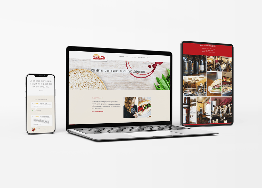 Darstellung der Website der Gastronomie Klein & Fein auf einem Handy, einem Laptop und einem Tablet