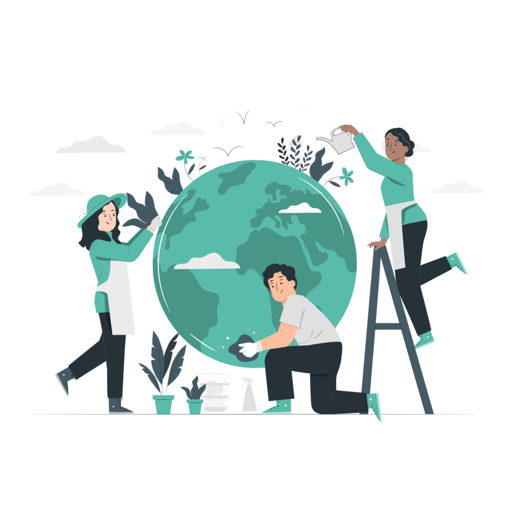 Illustration von 3 Menschen, die sich um eine nachhaltige Erde kümmern